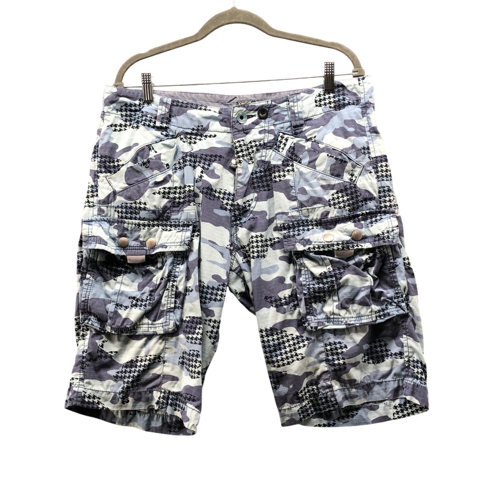 Vintage Y2K ENERGIE Blue Camo Houndstooth Cargo Shorts Mens 33 Baggy Streetwear